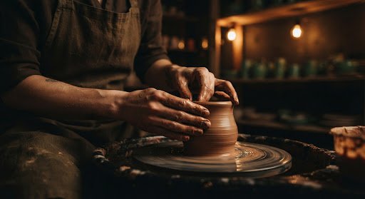 Hands shaping clay on a pottery wheel