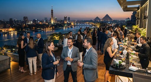 Professionals networking at a rooftop event